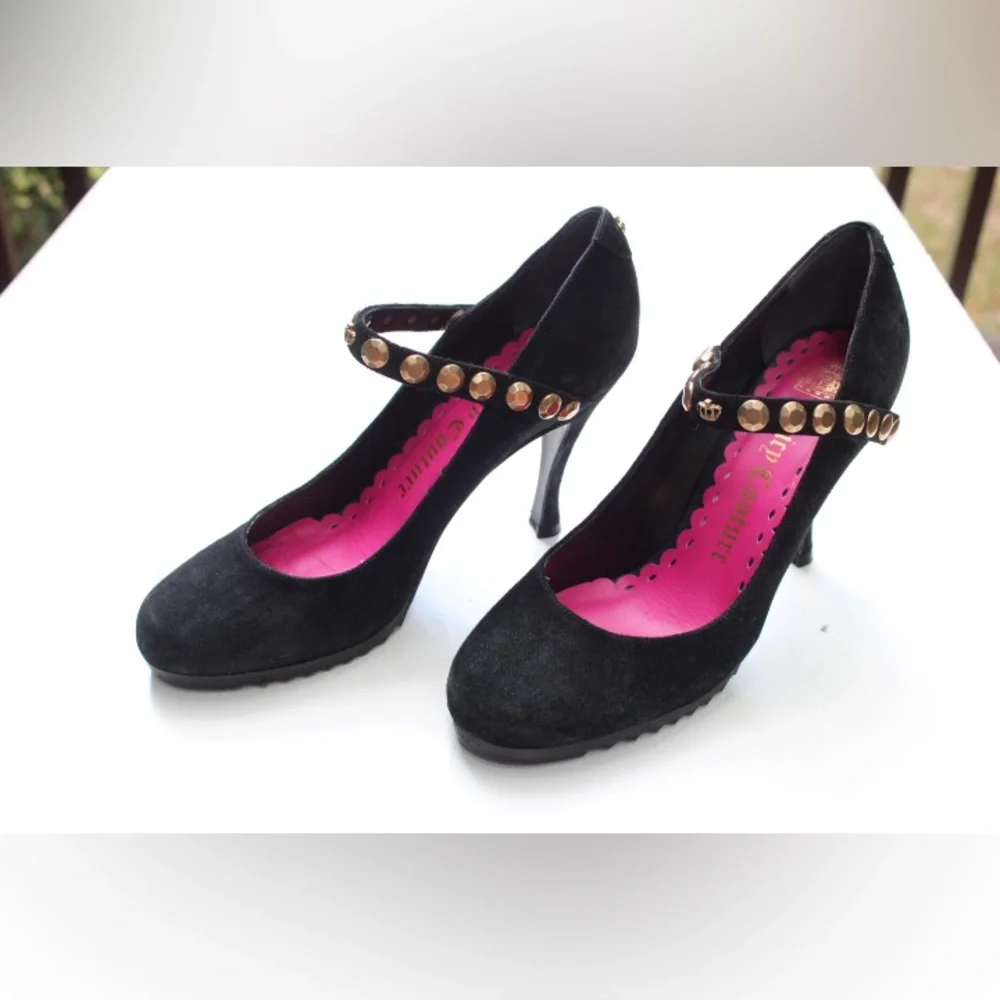 Juicy Couture Black Suede Mary Jane Heels with Gold Studs and Pink Lining